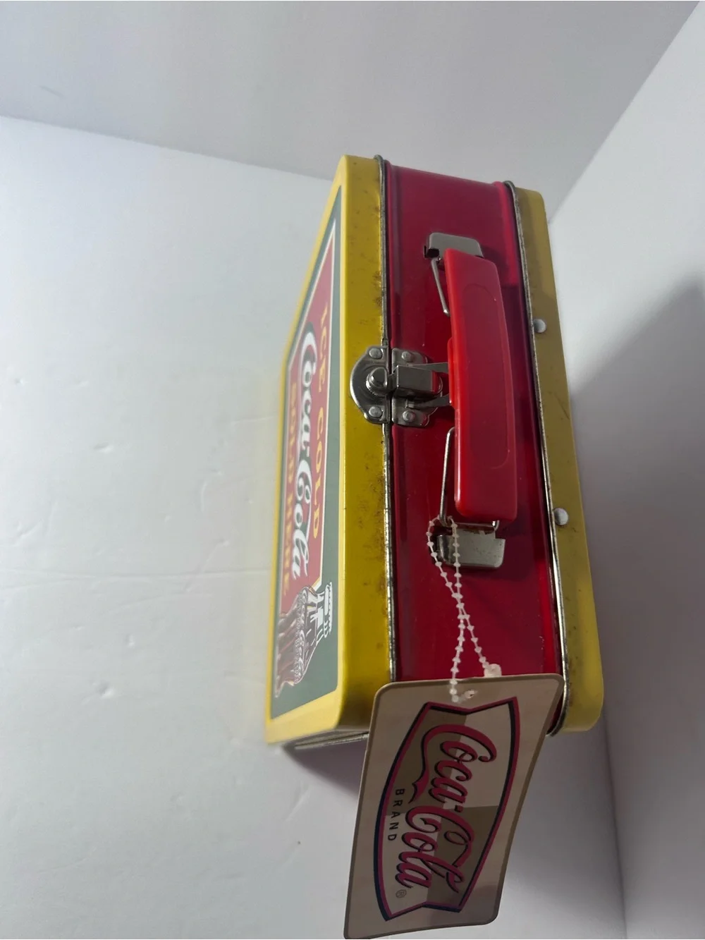 Coca Cola Yellow & Green Metal Lunchbox with Red Handle